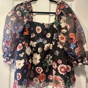 Storia Black and Pink Puff Sleeve Ruffled Blouse